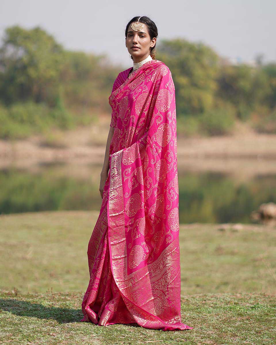 Visakha Pink Block printed Dola Silk Saree - RB