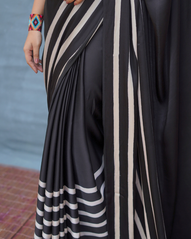 Airy Fold Black Handblock Print Modal Silk Saree - Flow