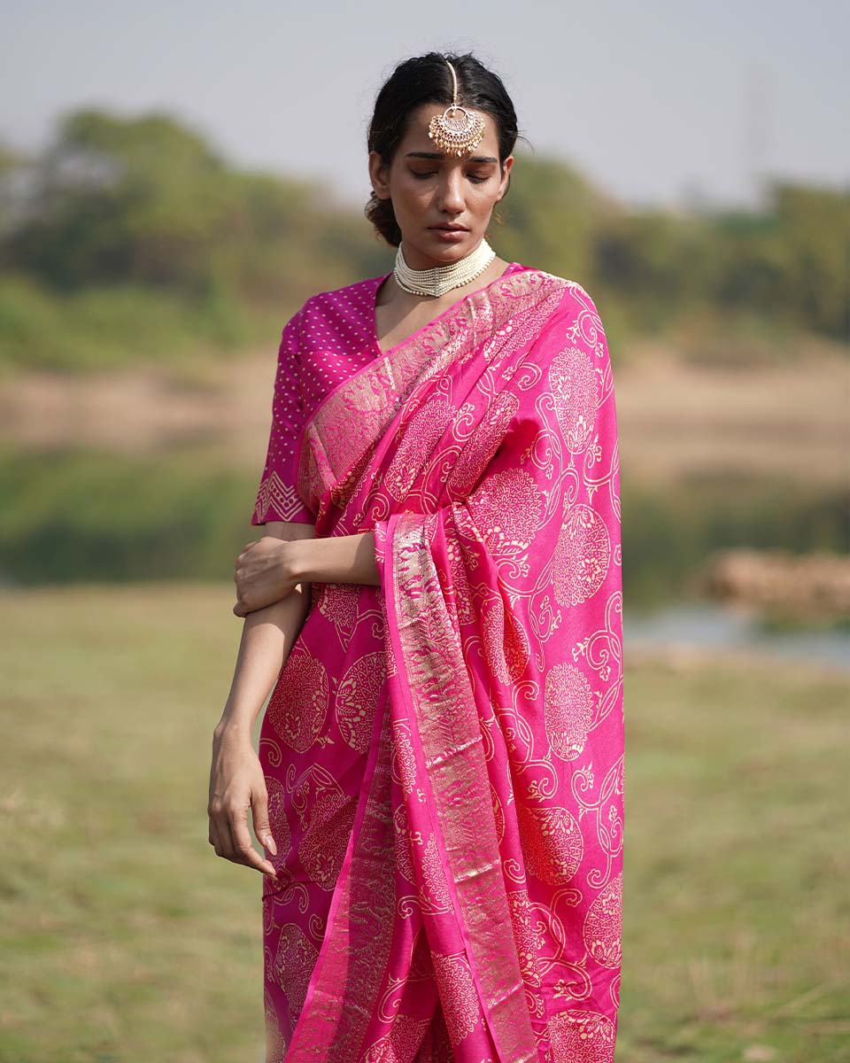 Visakha Pink Block printed Dola Silk Saree - RB