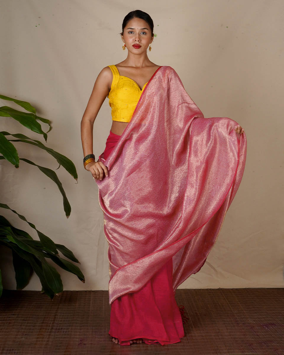 Ojaswee Rani Pink Handwoven Linen Zari Saree - Eknoor