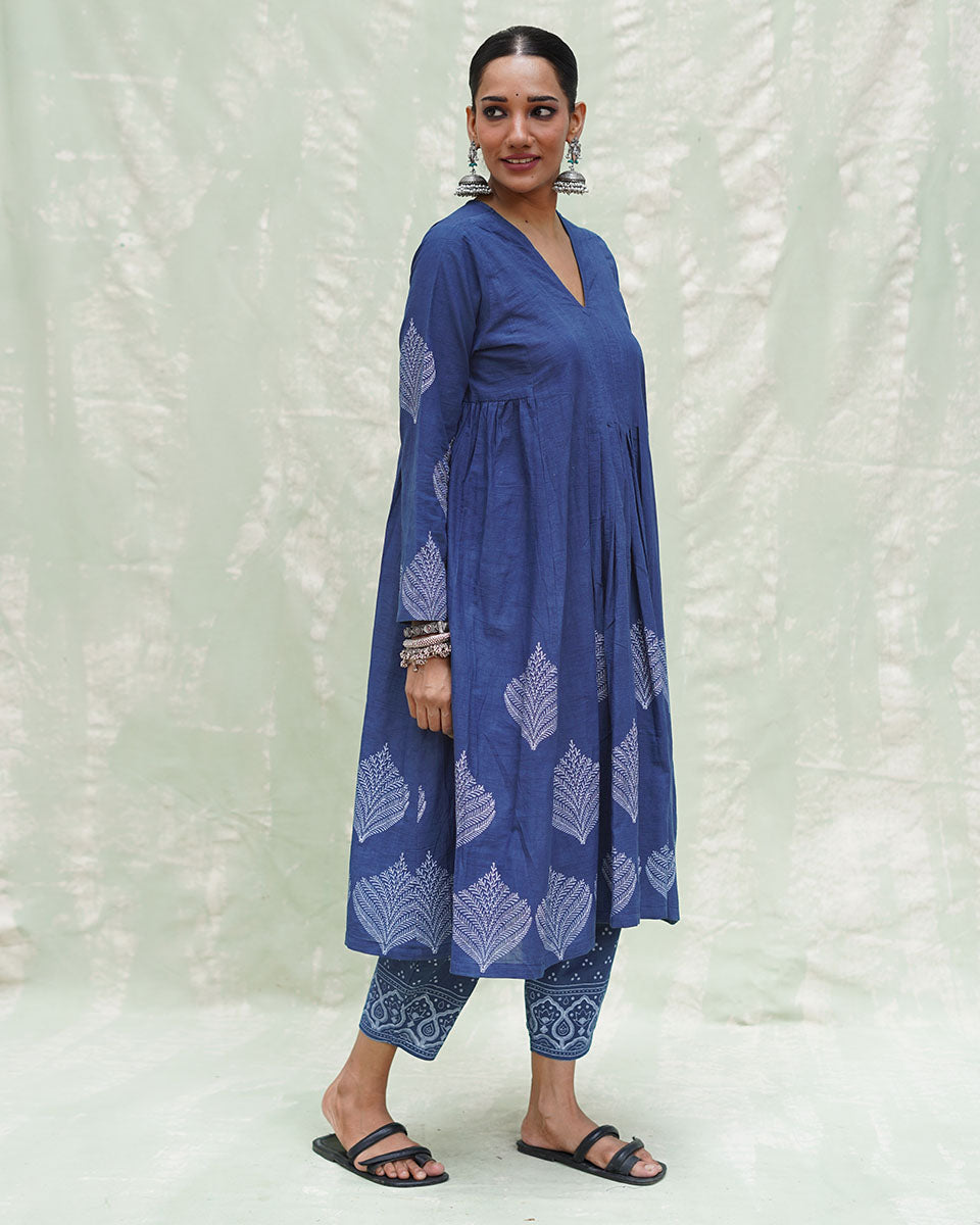 Zeelaf Blue Handblock Print Cotton Kurti- INDI