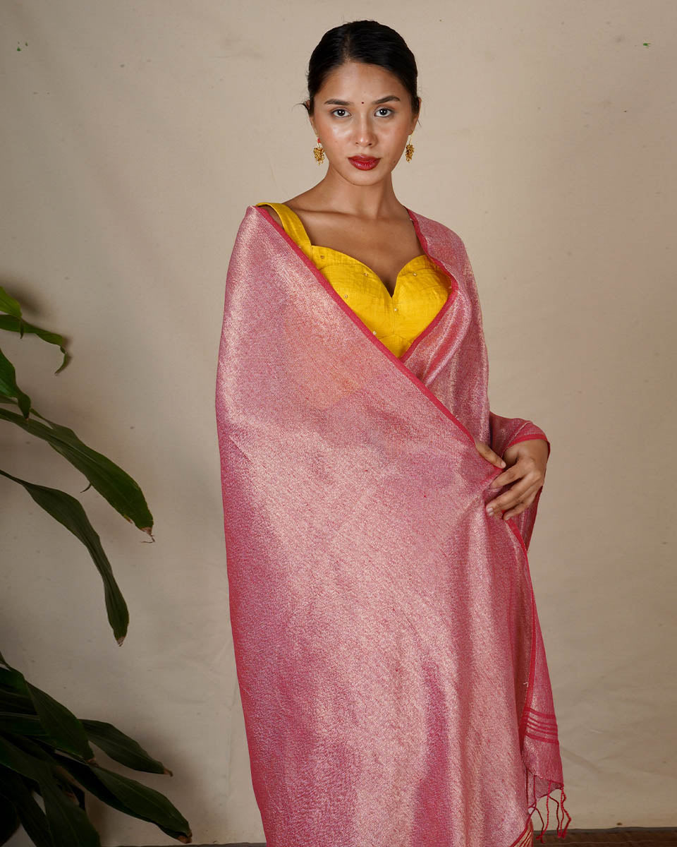 Ojaswee Rani Pink Handwoven Linen Zari Saree - Eknoor