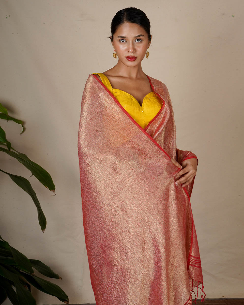 Bibha Orange Handwoven Linen Zari Saree - Eknoor