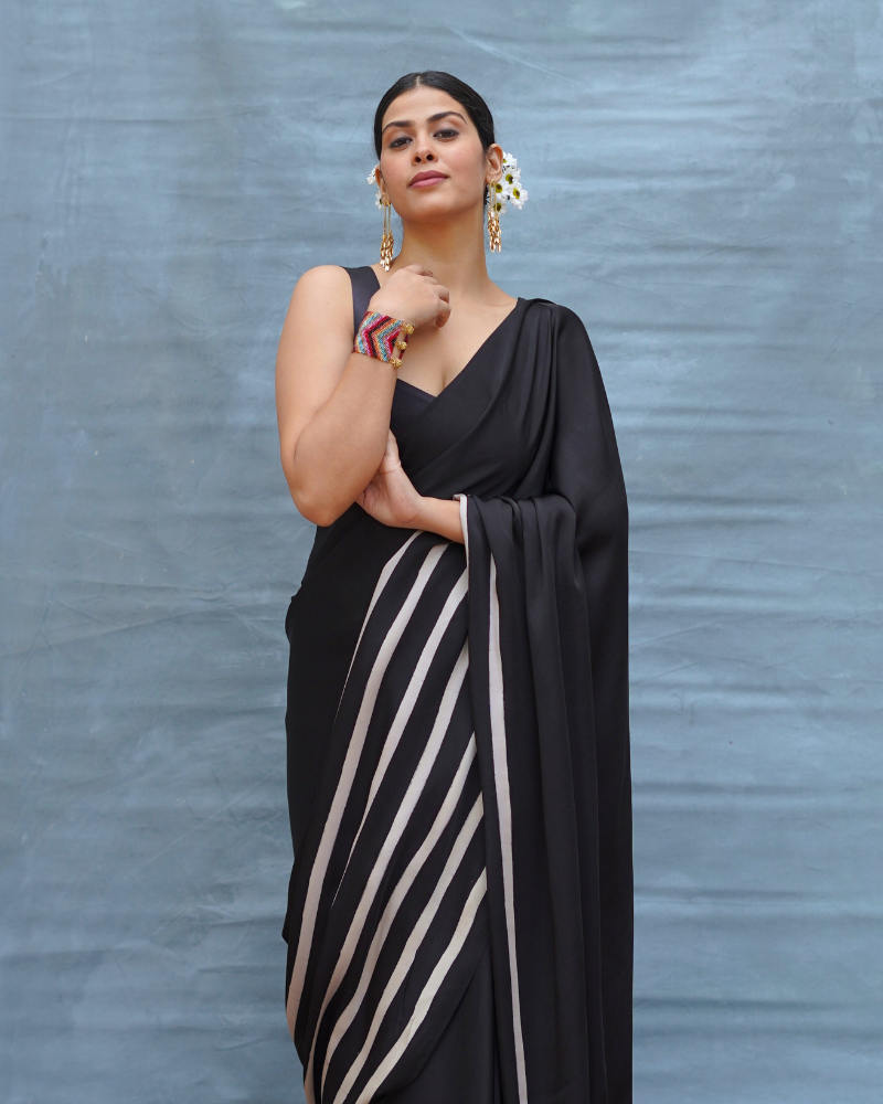 Airy Fold Black Handblock Print Modal Silk Saree - Flow
