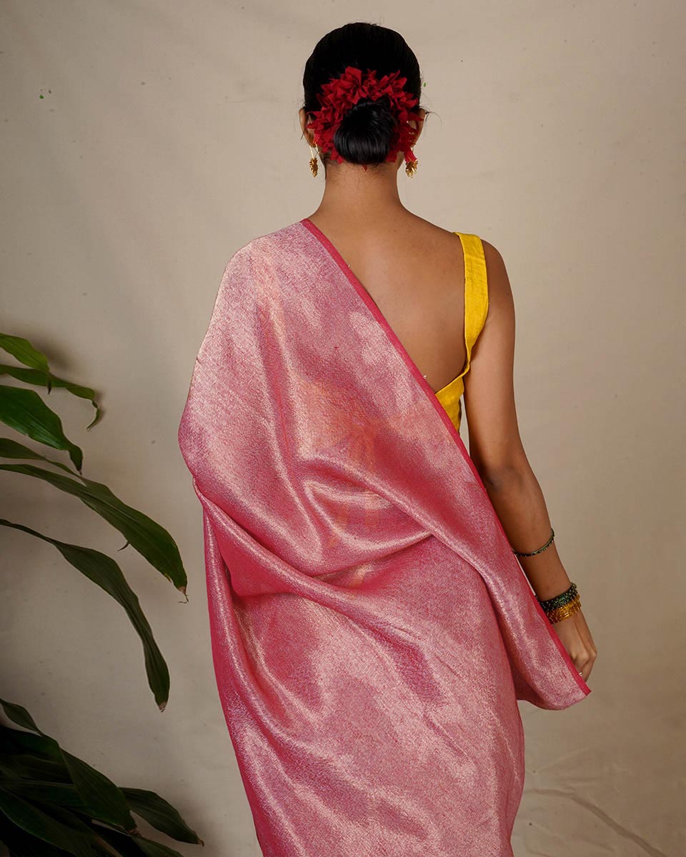 Ojaswee Rani Pink Handwoven Linen Zari Saree - Eknoor