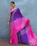 Loose Grace Pink With Purple Handblock Print Modal Silk Saree - Flow