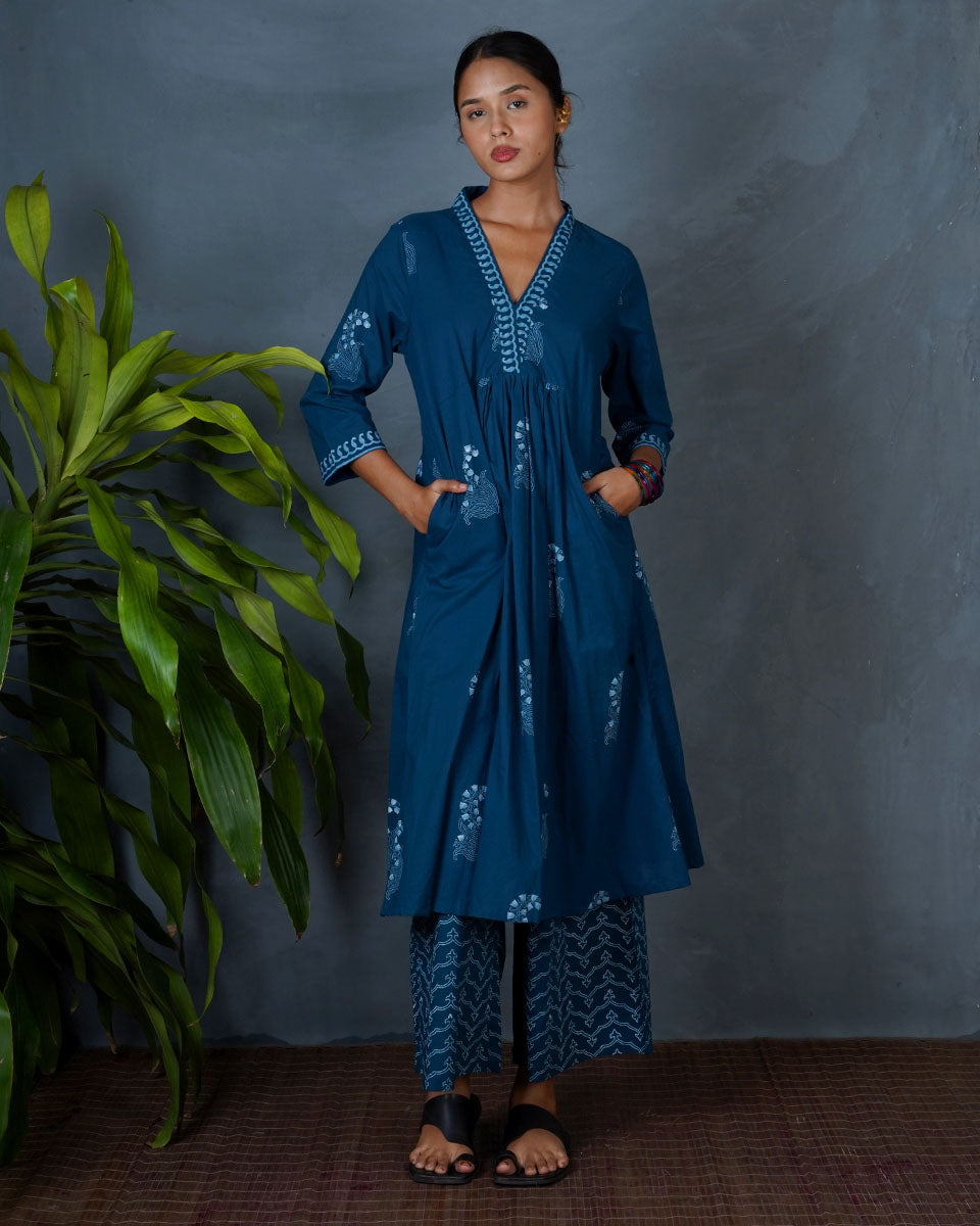 Abhrini Teal Green Hand Block Printed Kurta -MYA