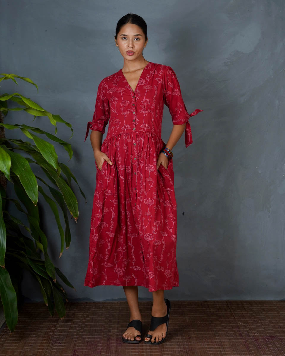Saanjhika Red Hand Block Printed Dress-MYA