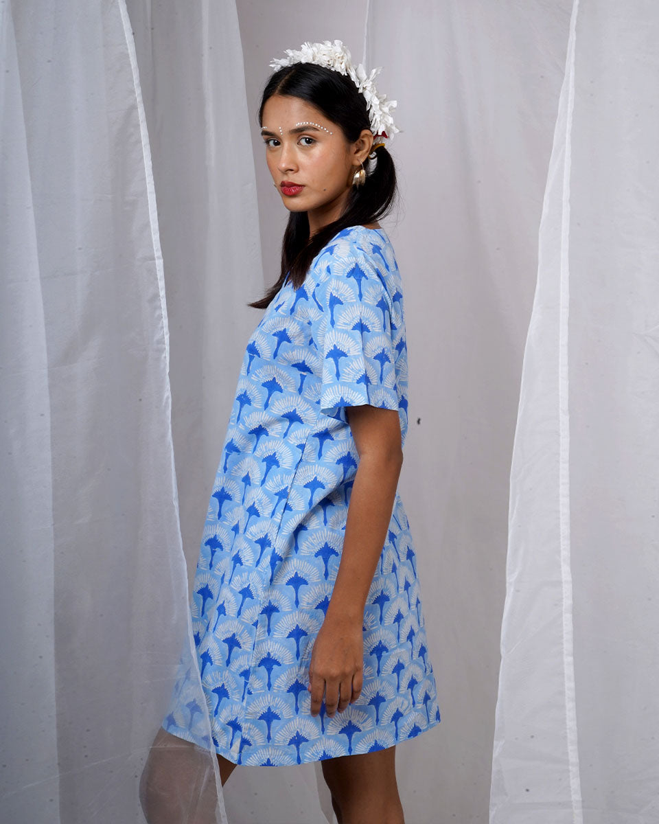 Ira Blue Hand Block Printed Dress-BAD