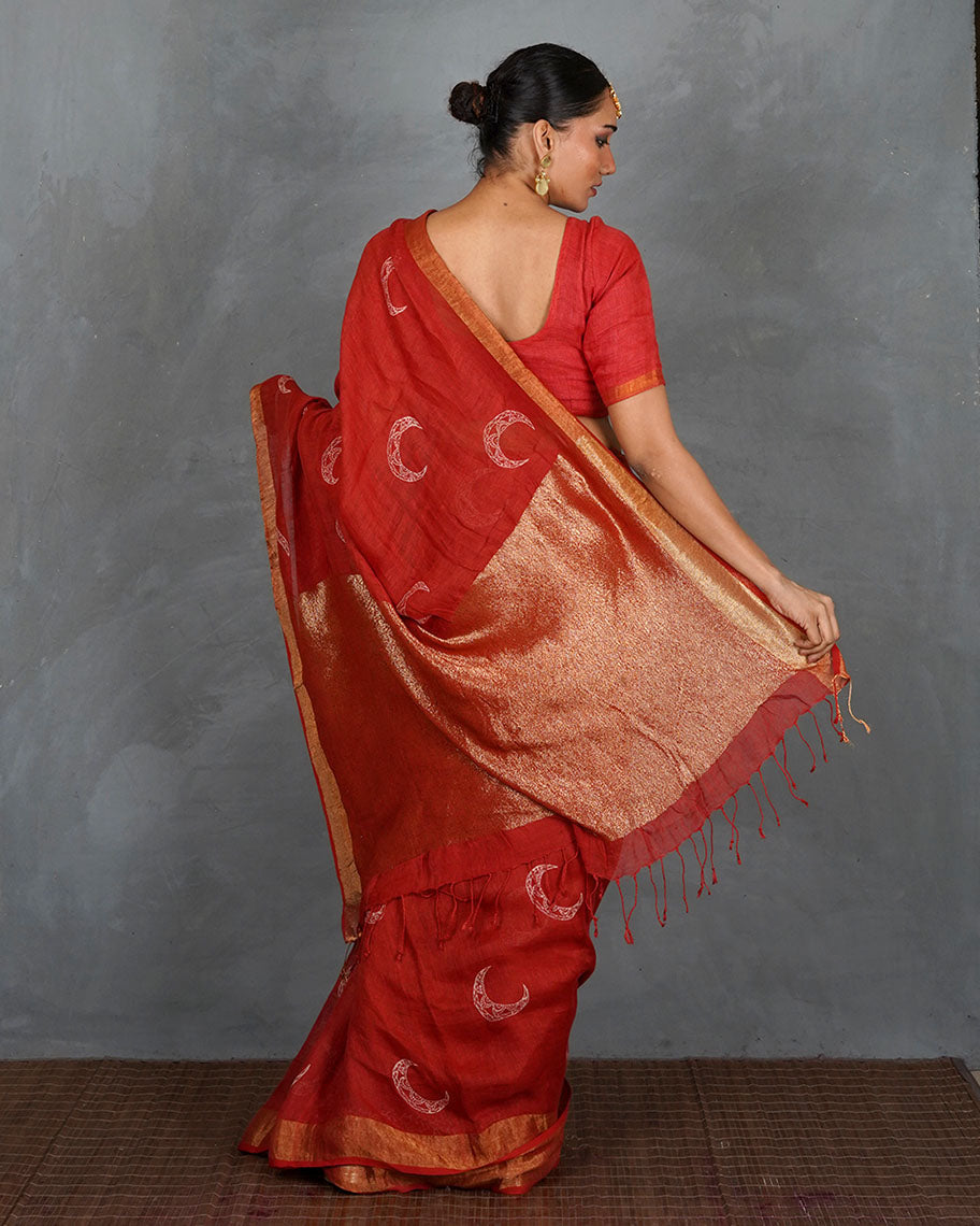 Taraani Red Handblock Linen Saree - TARA