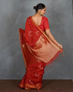 Taraani Red Handblock Linen Saree - TARA