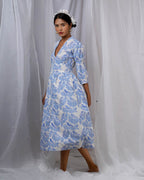 Neyra Ivory Blue Hand Block Printed Dress-BAD
