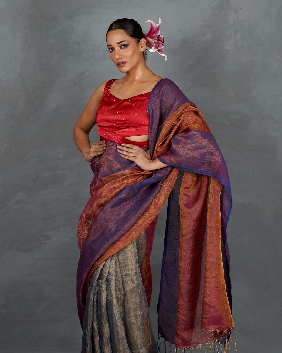 Chase Light Violet Handwoven Linen Saree - TARA