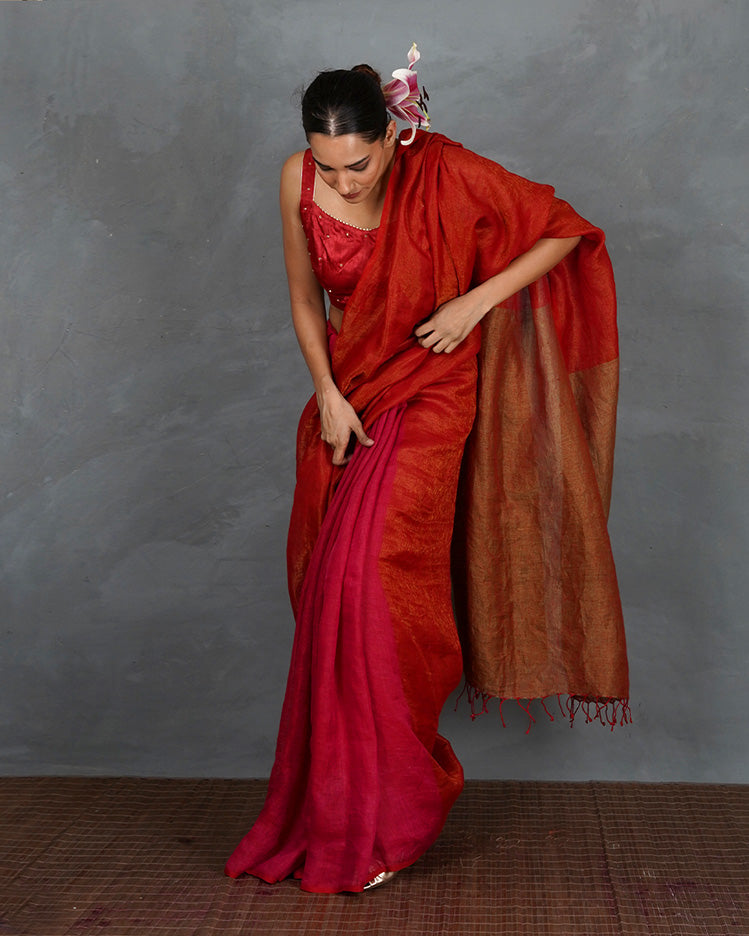 Glow On Red Handwoven Linen Saree - TARA