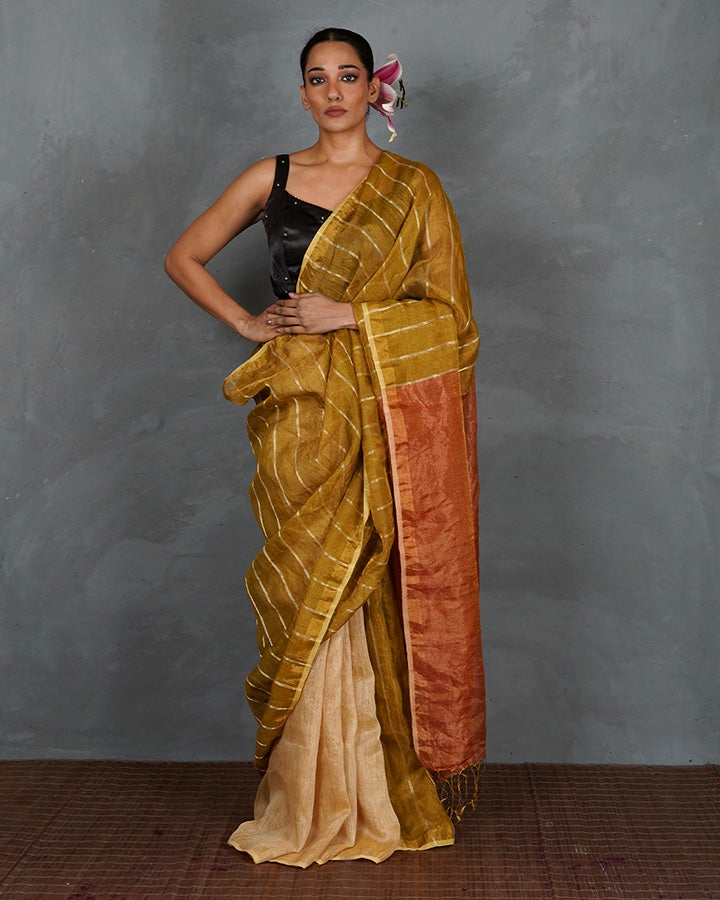 Catch Stars Mustard Gold Handwoven Linen Saree - TARA