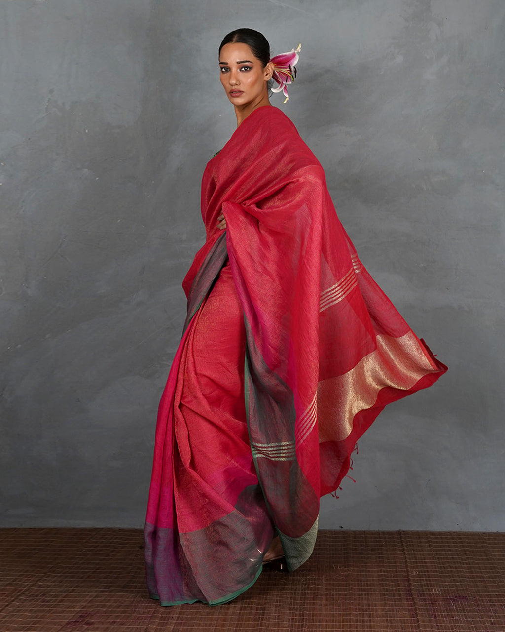 Glow Forward Red With Green Handwoven Linen Saree - TARA