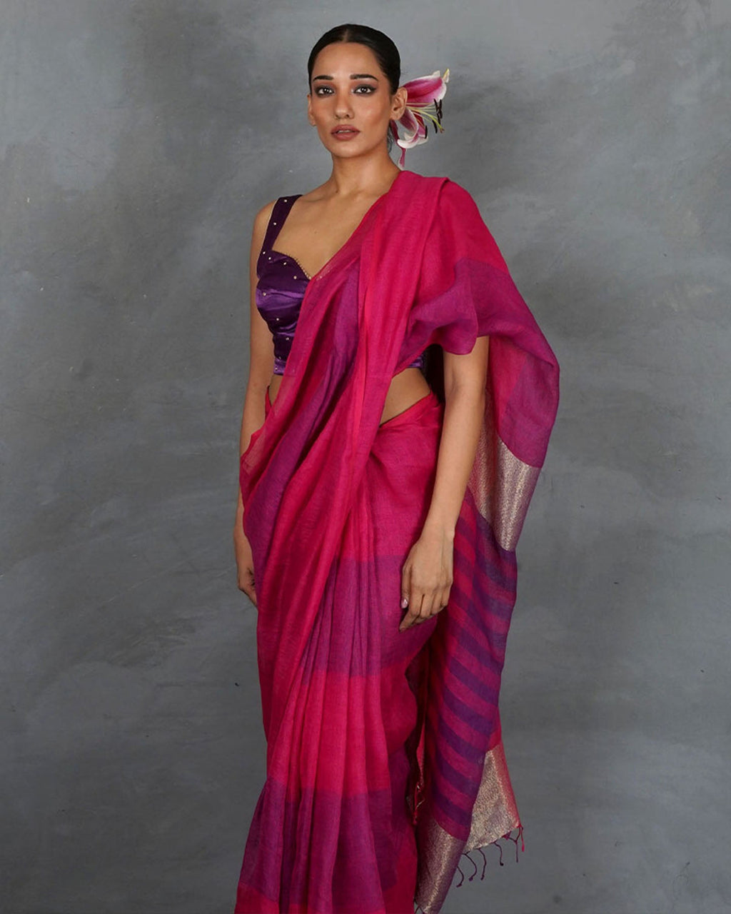 Samira Magneta Handwoven Linen Saree - TARA