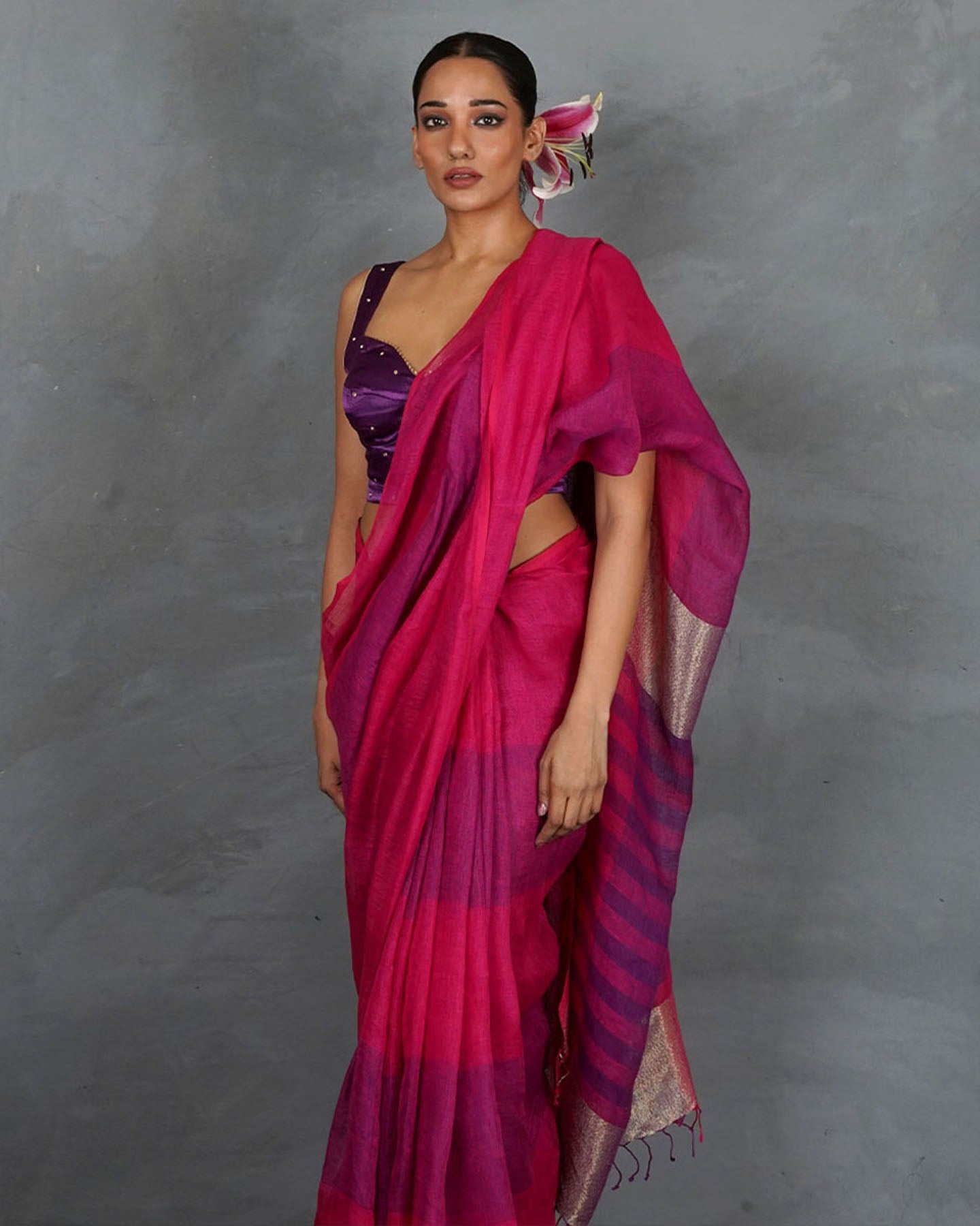 Samira Magneta Handwoven Linen Saree - TARA