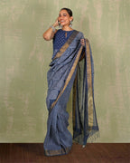 Malhari Blue Handblock Print Linen Saree - INDI