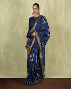 Purva Blue Handblock Print Linen Saree - INDI