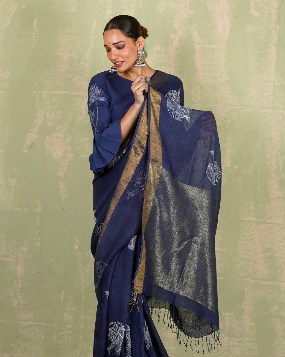 Rasiya Blue Handblock Print Linen Saree - INDI