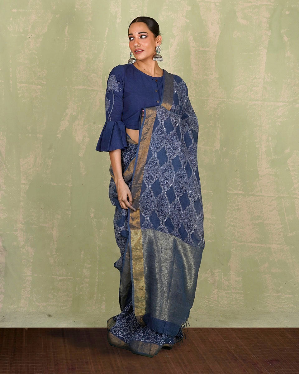 Sandhya Blue Handblock Print Linen Saree - INDI