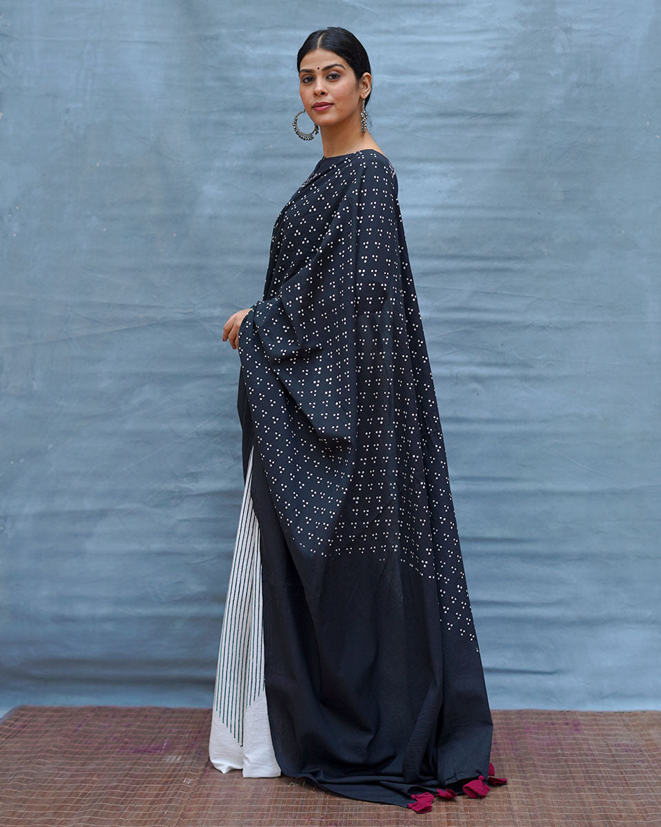 Monochrome Magic Black & White Handblock Print Cotton Saree - MIS