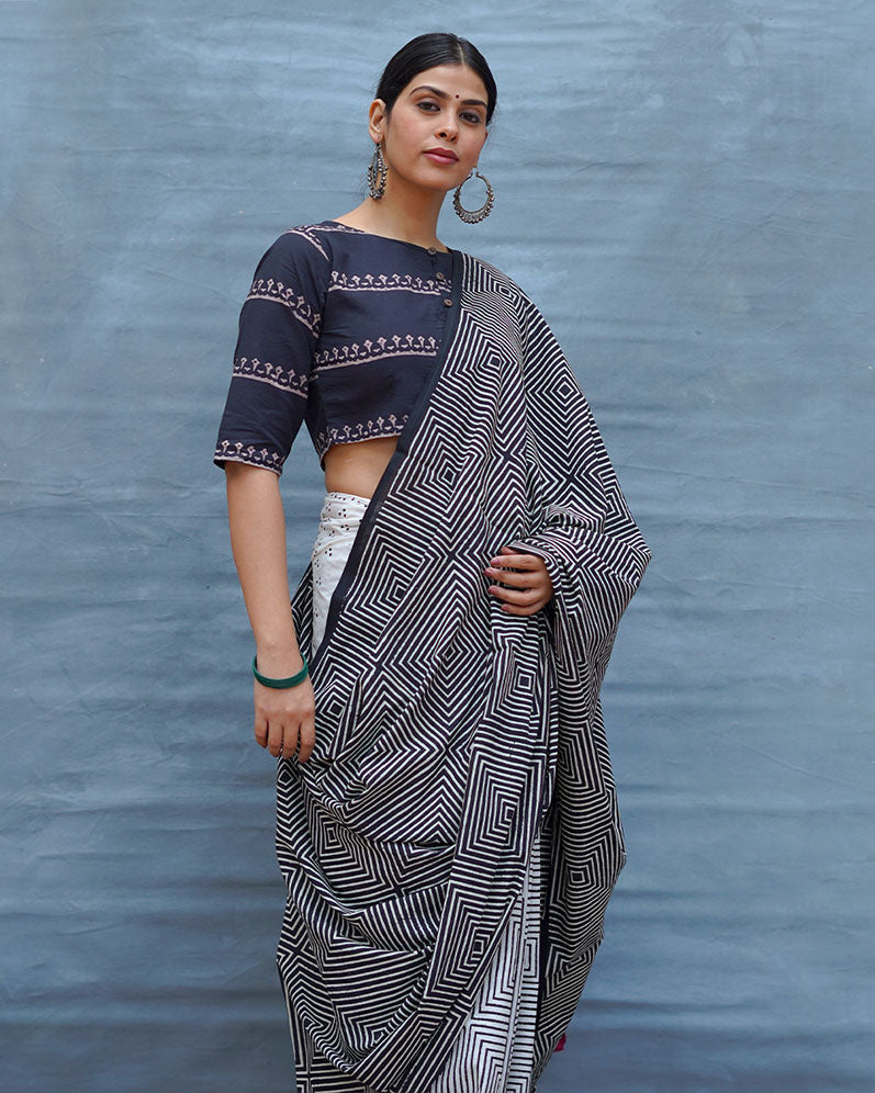 Vintage Muse Black & White Handblock Print Cotton Saree - MIS