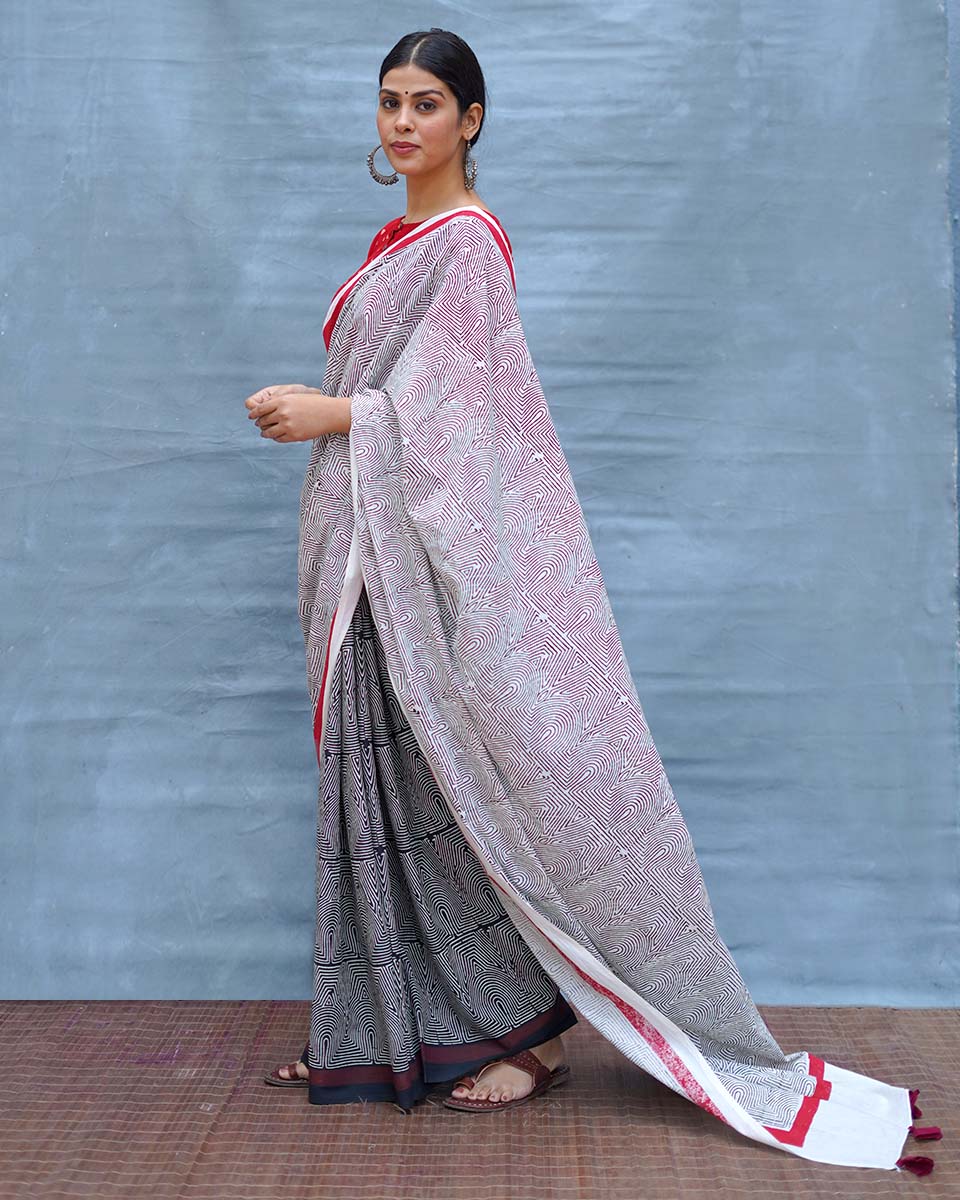 Vintage Poem Black & White Handblock Print Cotton Saree - MIS