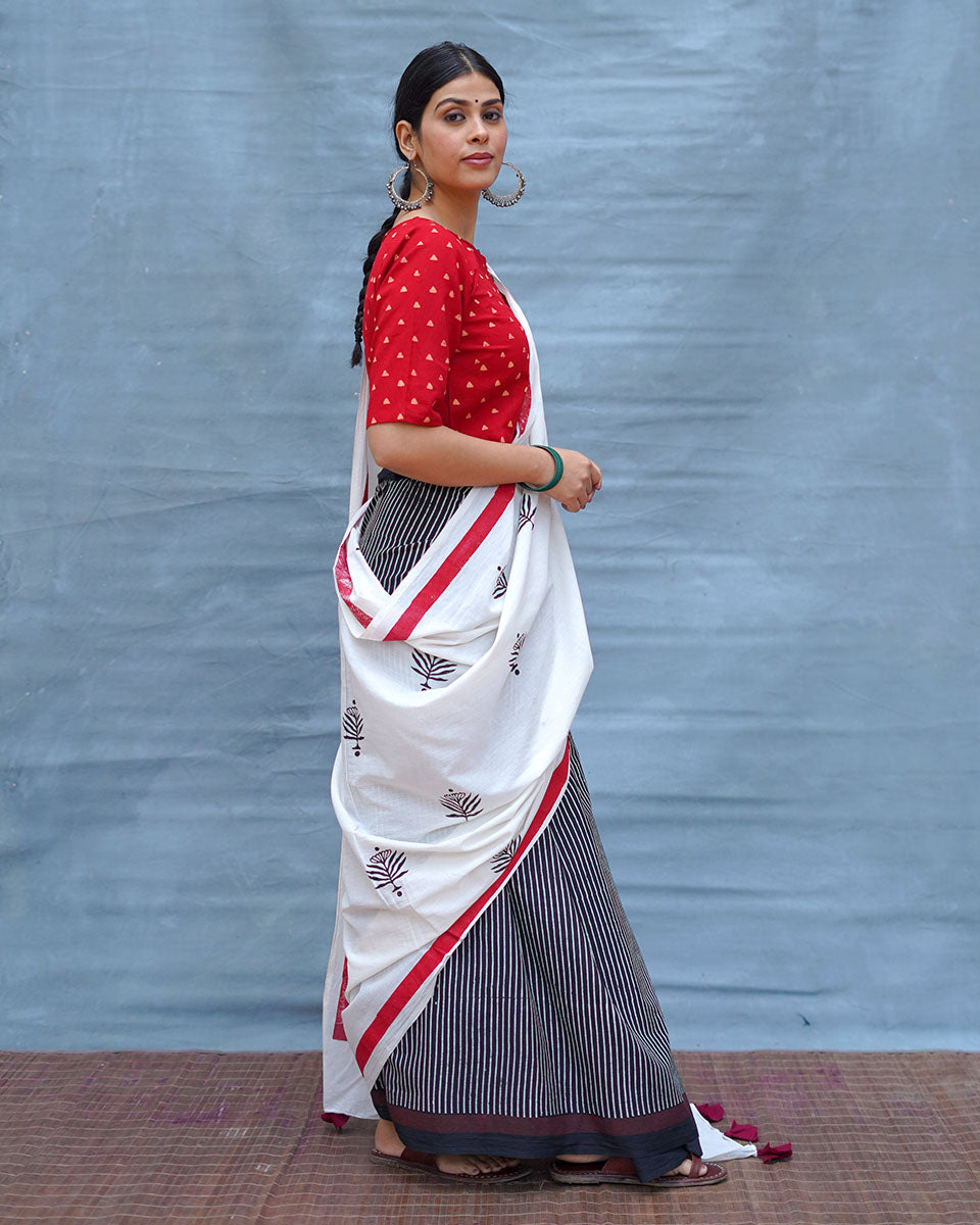 Moon & Mist Black & White Handblock Print Cotton Saree - MIS