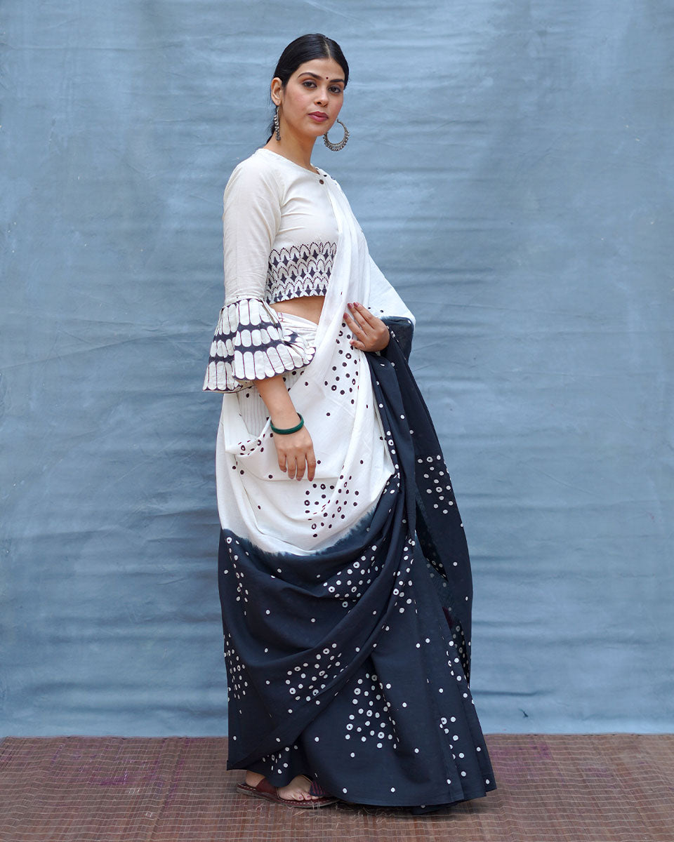 Colourblind Black & White Handblock Print Cotton Saree - MIS