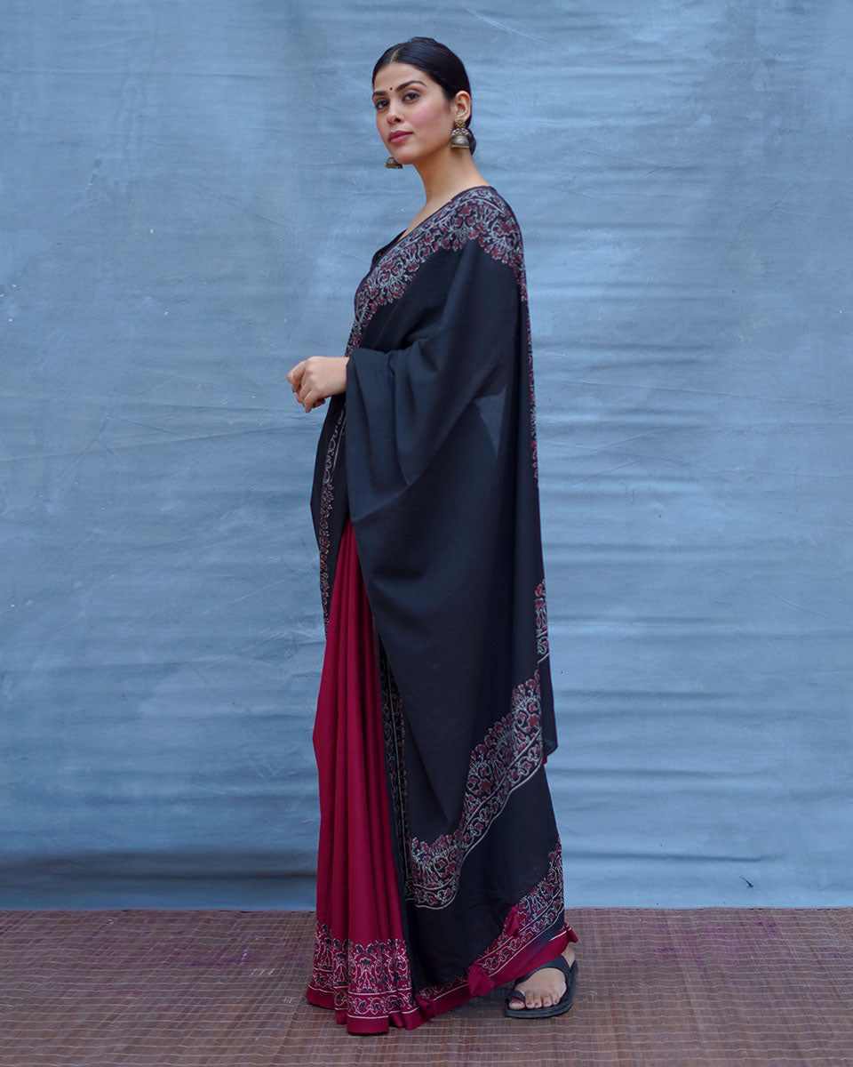 Binodini Black With Maroon Handblock Printed Cotton Saree - Soil