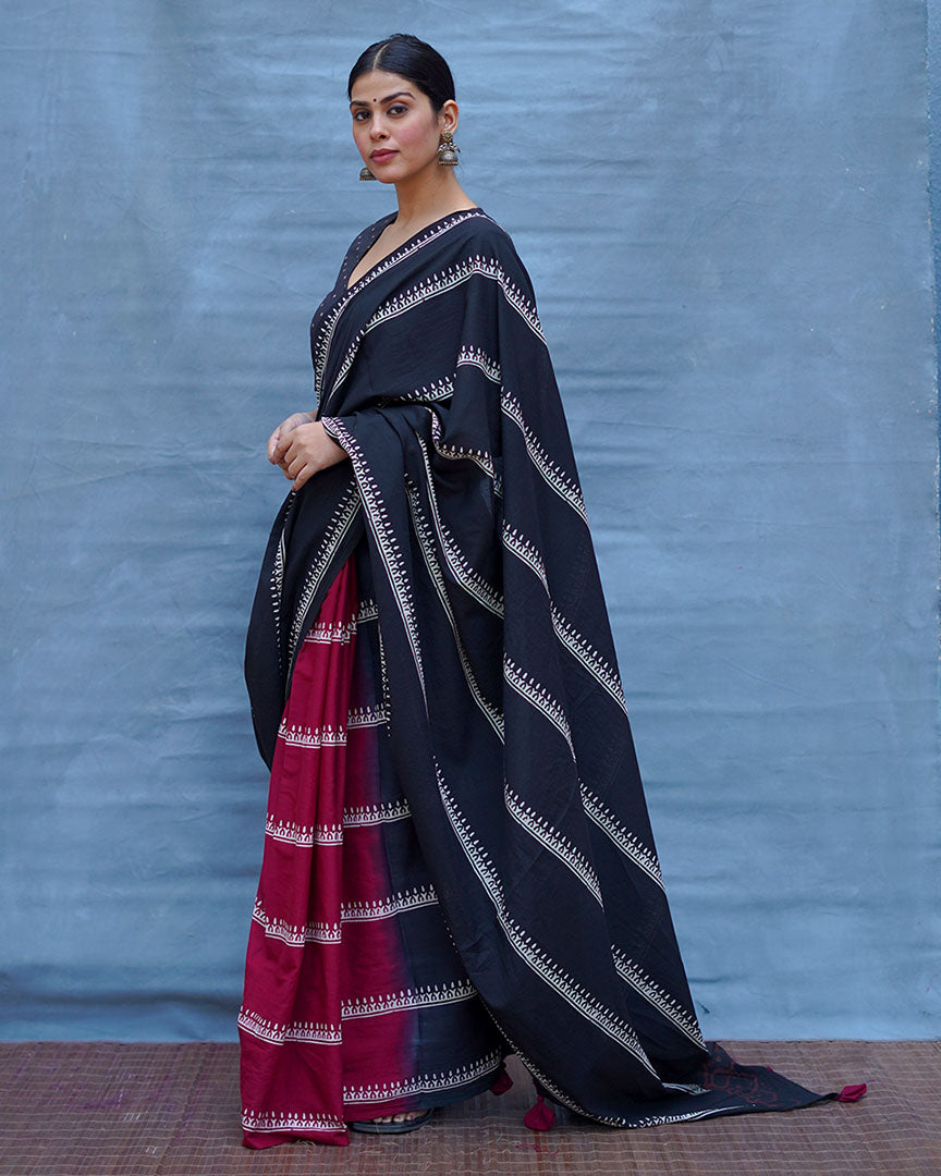 Mrinal Black With Maroon Handblock Printed Cotton Saree - Soil