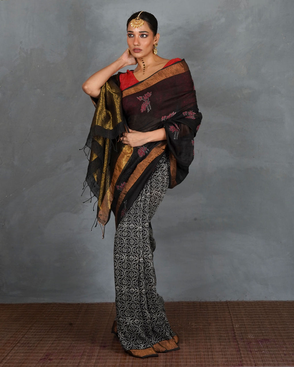Tejasvi Black Handblock Linen Saree - TARA
