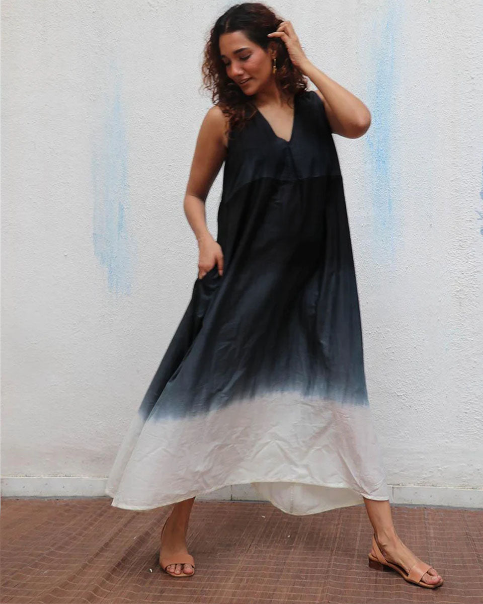 Blackberry Matcha Handblock Printed Cotton Dress - Mono