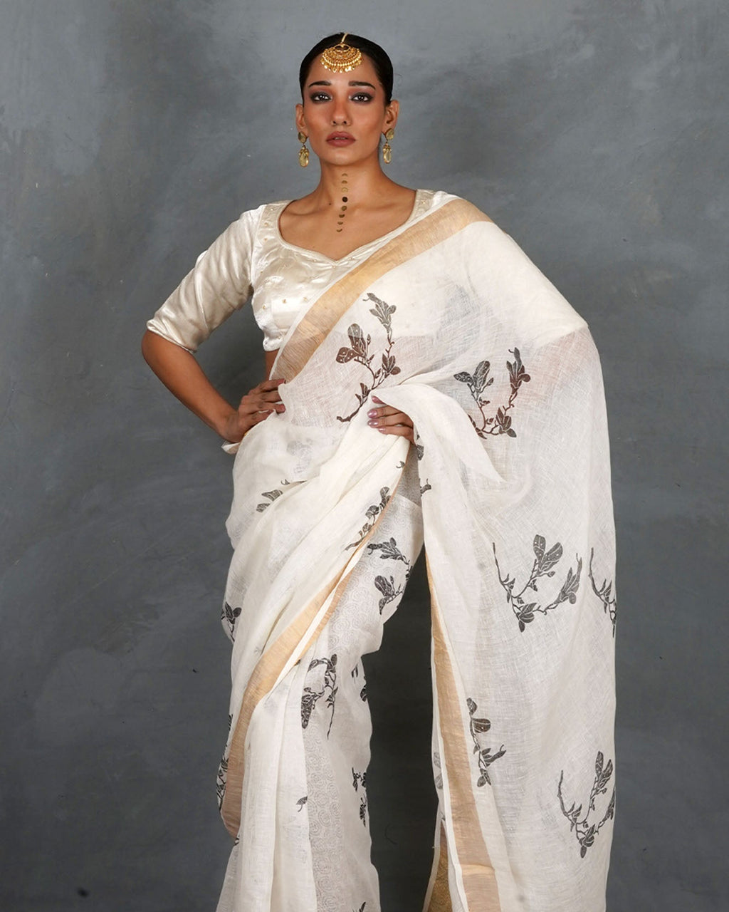 Aabroo White Handblock Linen Saree - TARA