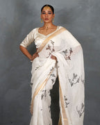 Aabroo White Handblock Linen Saree - TARA