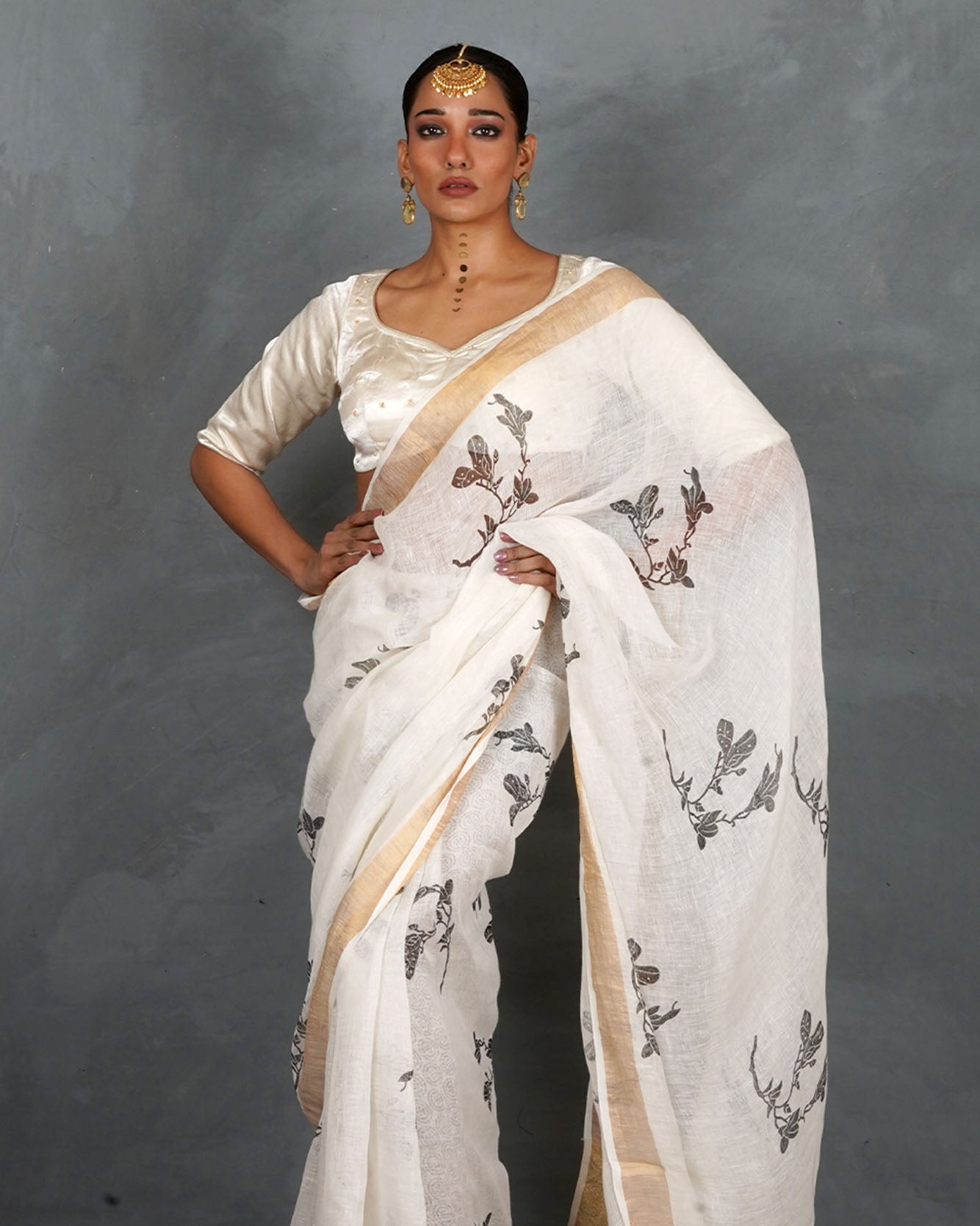 Aabroo White Handblock Linen Saree - TARA