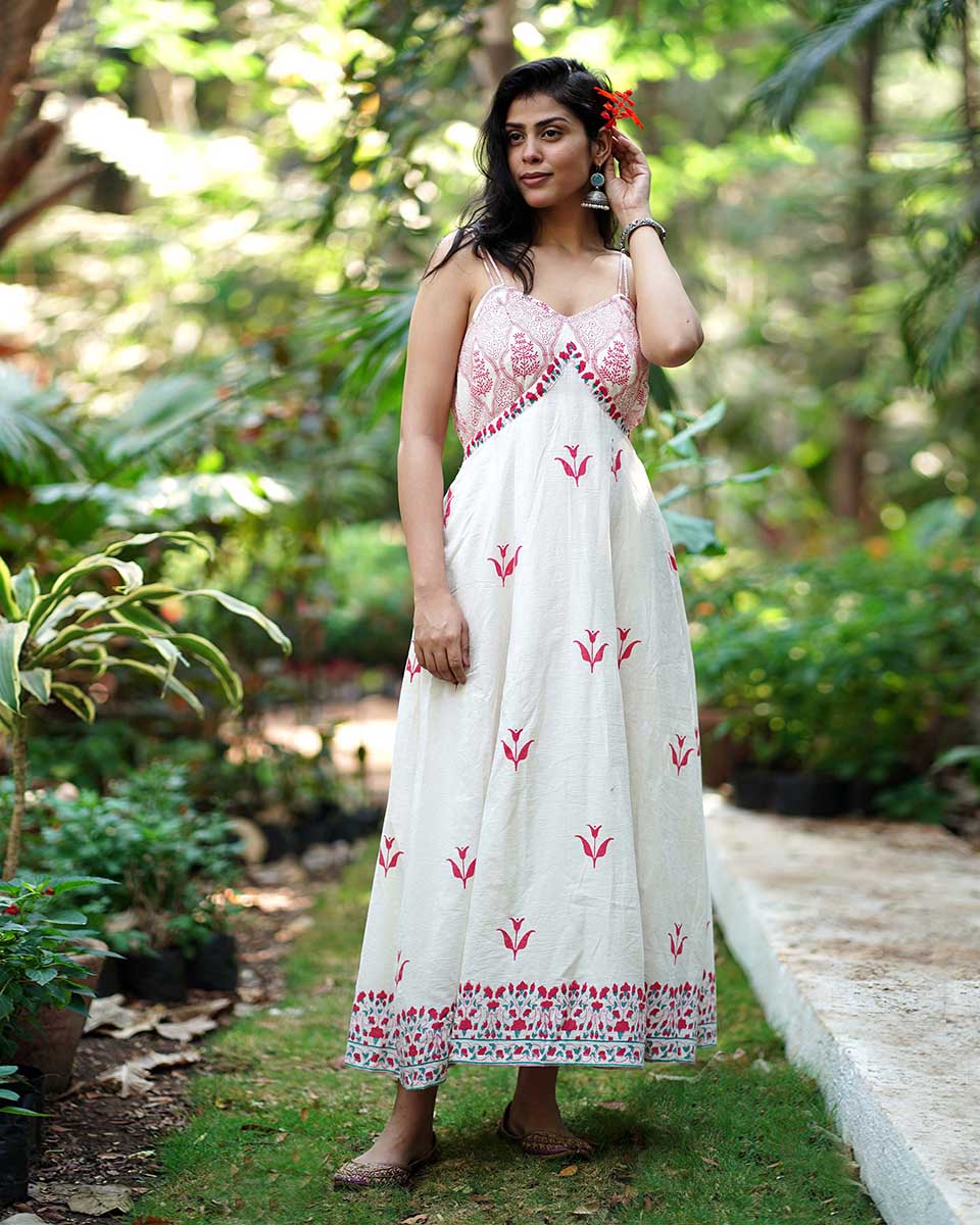 Bluebellâ€™s Breeze Ivory Block Printed Cotton Dress - MMG