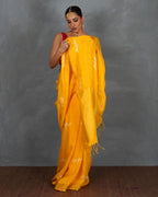 Roshni Yellow Handblock Linen Saree - TARA