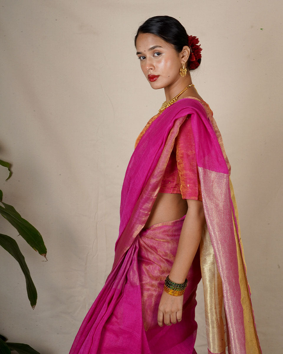 Ujjwala Pink Handwoven Linen Zari Saree - Eknoor