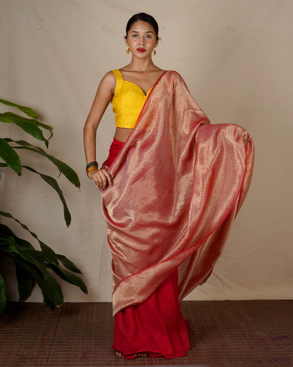 Bibha Orange Handwoven Linen Zari Saree - Eknoor