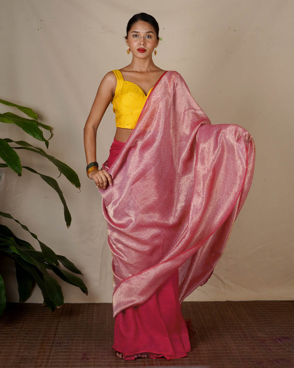 Ojaswee Rani Pink Handwoven Linen Zari Saree - Eknoor