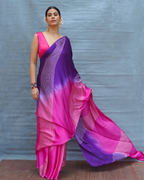 Loose Grace Pink With Purple Handblock Print Modal Silk Saree - Flow