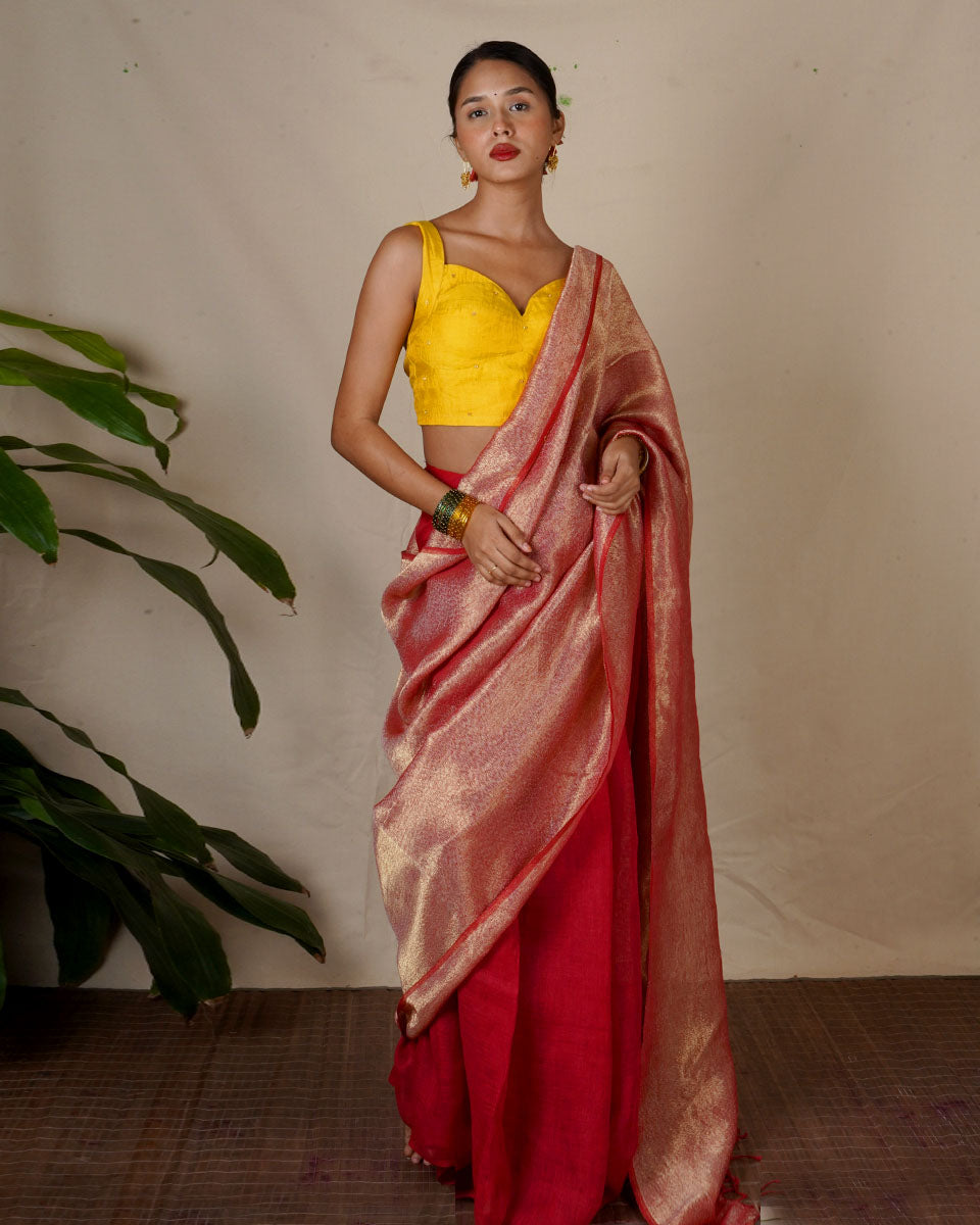 Bibha Orange Handwoven Linen Zari Saree - Eknoor