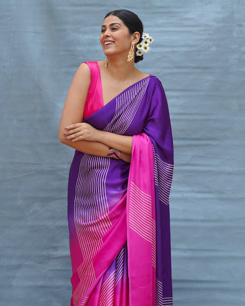 Loose Grace Pink With Purple Handblock Print Modal Silk Saree - Flow