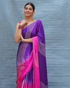 Loose Grace Pink With Purple Handblock Print Modal Silk Saree - Flow