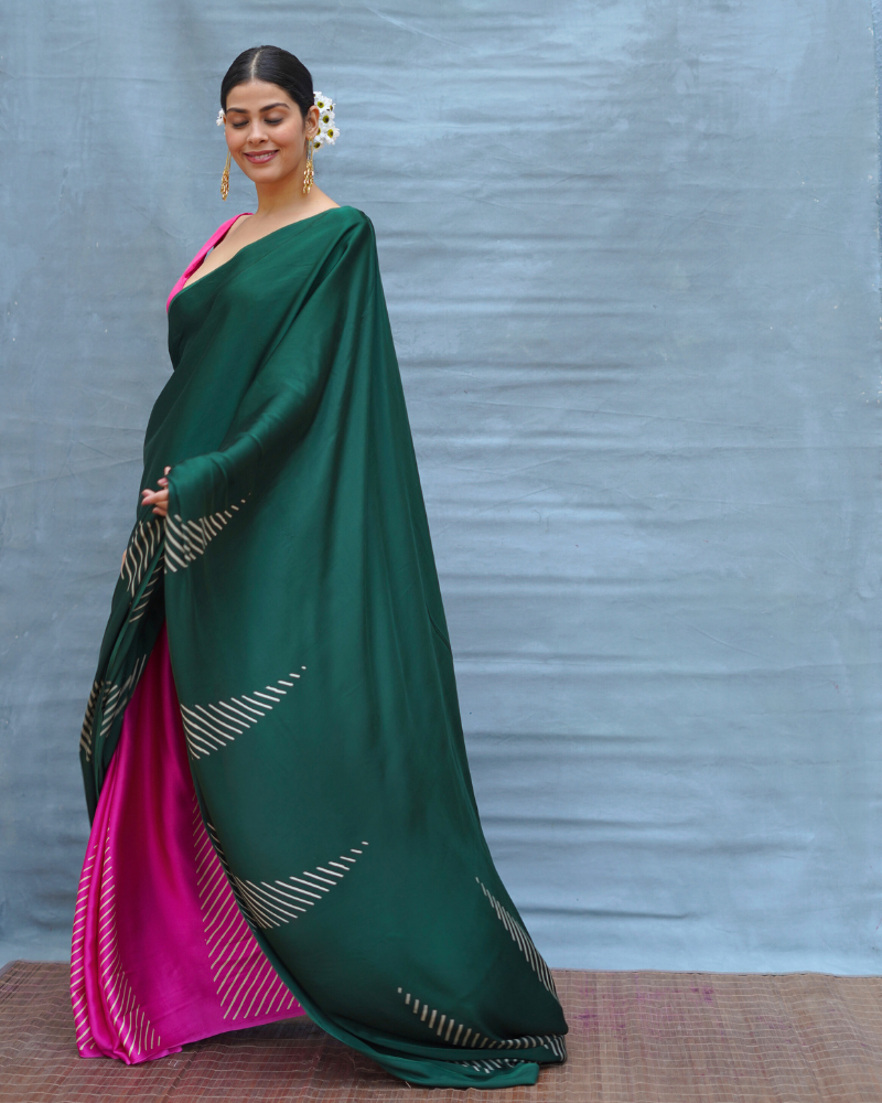 Easy Flow Green Handblock Print Modal Silk Saree - Flow