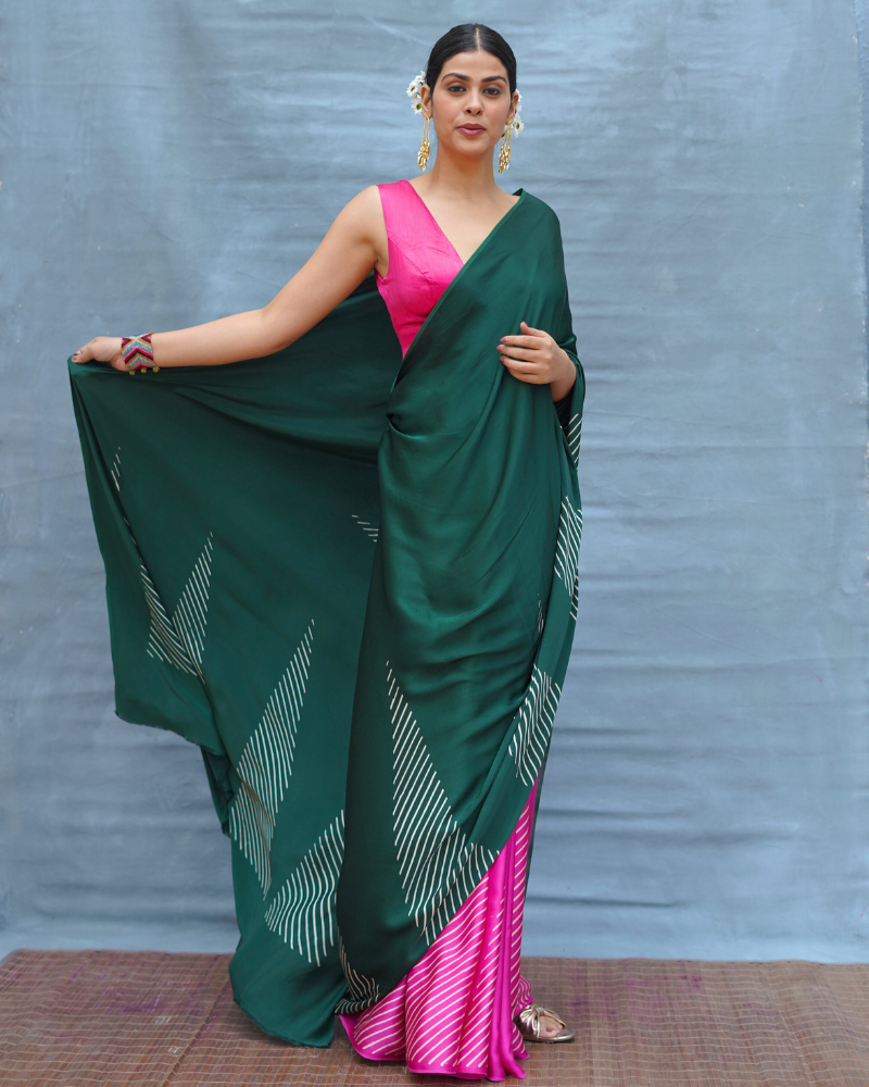 Easy Flow Green Handblock Print Modal Silk Saree - Flow