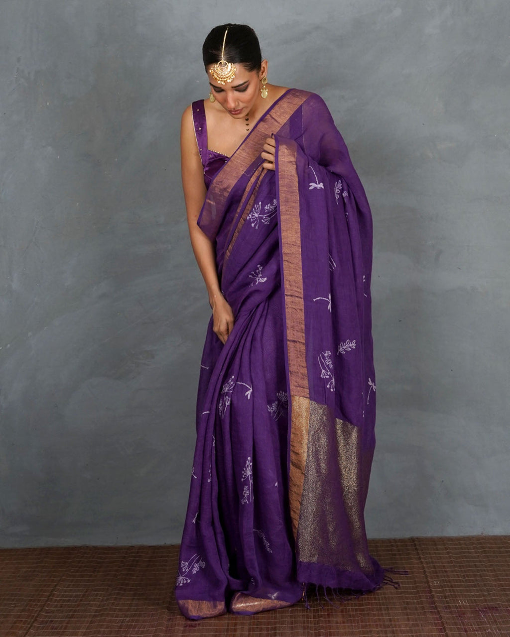 Noori Royal Purple Handblock Linen Saree - TARA